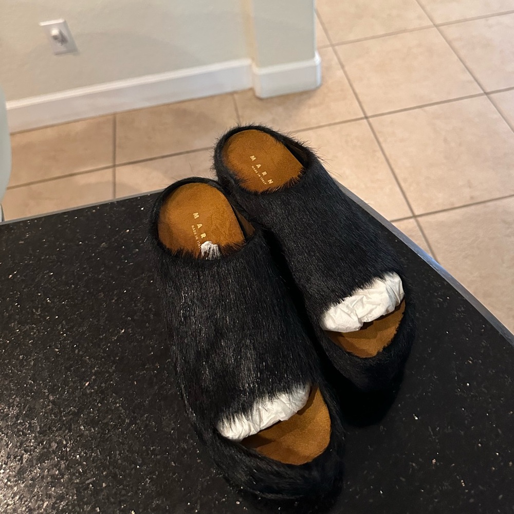 Marni Black Fur Clogs